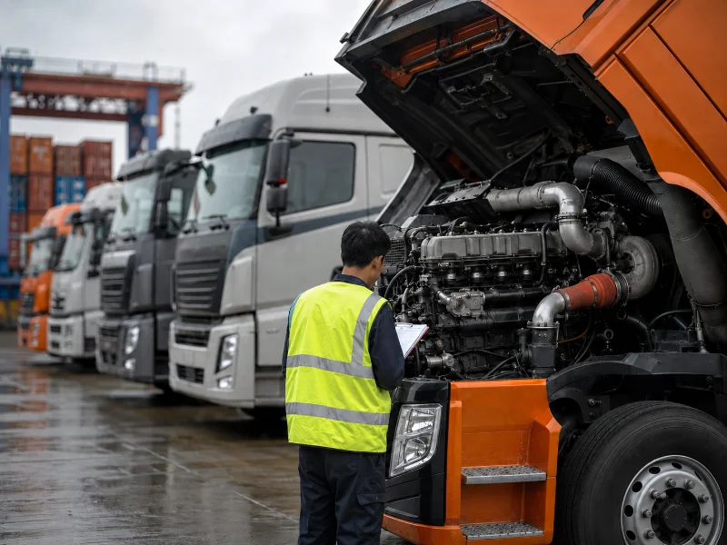 Unidades tratora pesadas fabricadas na China em um pátio de exportação aguardando verificações de especificação de motores